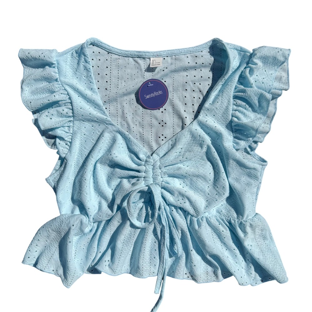 SweatyRocks Light Blue Eyelet Lace Ruched Drawstring Ruffle Crop Top Large NWT